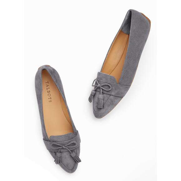 Talbots 'Francesca' Women's 8.5 Driving Flat Tassel Loafer Gray Suede Pointy Toe - Picture 1 of 11